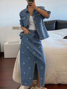 DAZY Women's Bow Print Lapel Loose Shirt And Long Skirt Casual Denim Set - Medium Wash - View 7