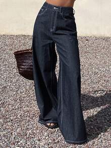 Livesso High Waist Casual Solid Color Women's Fashion Belt Loop Loose Fit Jeans - Dark Wash - View 4