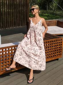 DAZY 度假风线条画植物印花无袖A字长款女士睡裙 - 粉色 - 查看 5