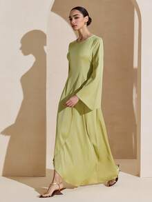 Graceveil Đầm satin nữ kiểu Ả Rập, tay áo rộng, xếp ly eo, vạt bất đối xứng. - màu xanh lá - Xem 4