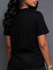 Maweii 大码女式圆领字母和靴子印花休闲百搭日常短袖T恤 - 黑色 - 查看 2