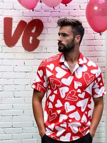 Manfinity Homme Men's Casual Valentine's Day Red & White Heart Print Slim Fit Short Sleeve Shirt, Slim Fit Shirt, Valentine's Day Gift For Boyfriend - Multicolor - View 6