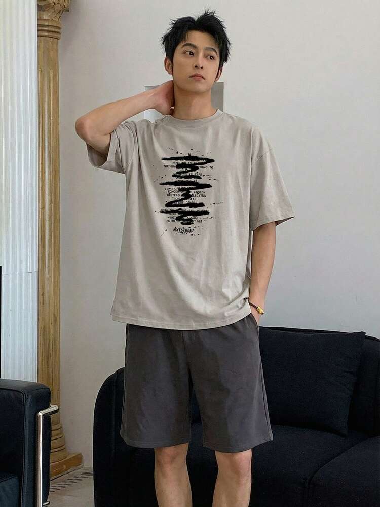 Men's Letter Print Short Sleeve T-Shirt And Shorts Pajama Set, Summer