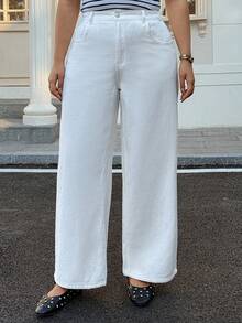 Dazy Plus Dark Wash Blue Waistband Patchwork Drawstring Straight Leg Long Jeans, All Season - White - View 3