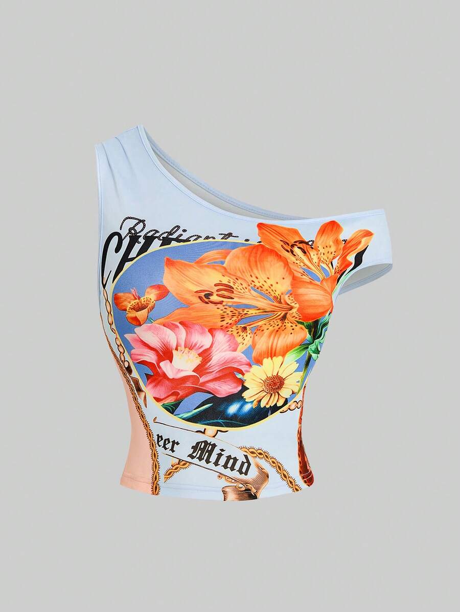 INAWLY Áo kiểu nữ và bé gái in hoa và chữ, dáng lệch vai, thắt nút xoắn, phong cách thường ngày, tươi tắn và dễ thương, mang đến cảm giác nghỉ dưỡng. - Màu xanh nhạt - Xem 1