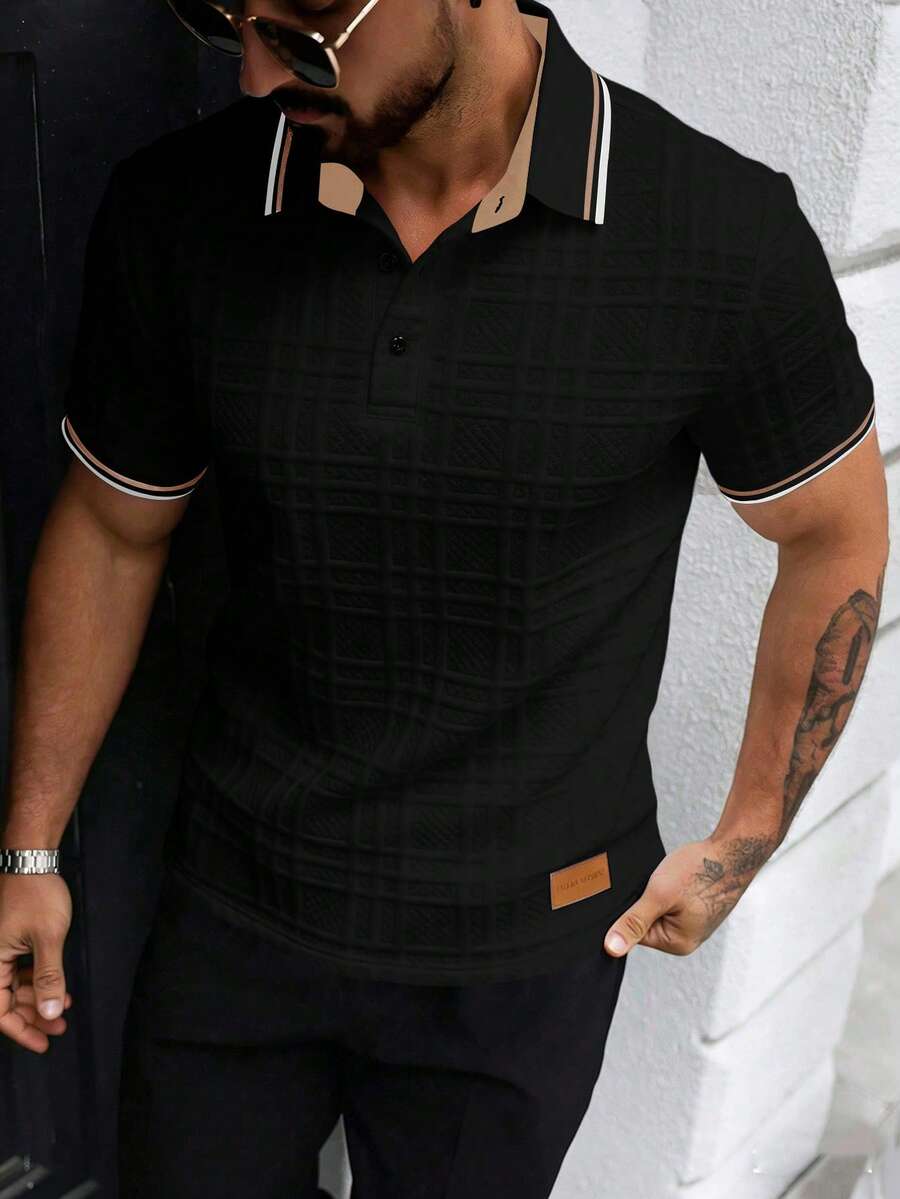 Manfinity Homme Men's Simple Print Short Sleeve Polo Shirt - Black - View 1