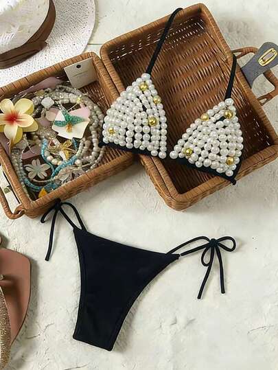 Sirith Women's New Faux Pearl Bikini Swimsuit With Tie And Shell Design