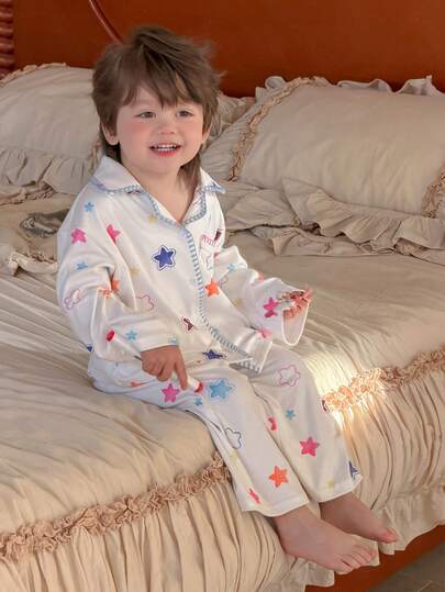 DAZY 2件套男童韩版星形印花翻领长袖衬衫和裤子睡衣套装