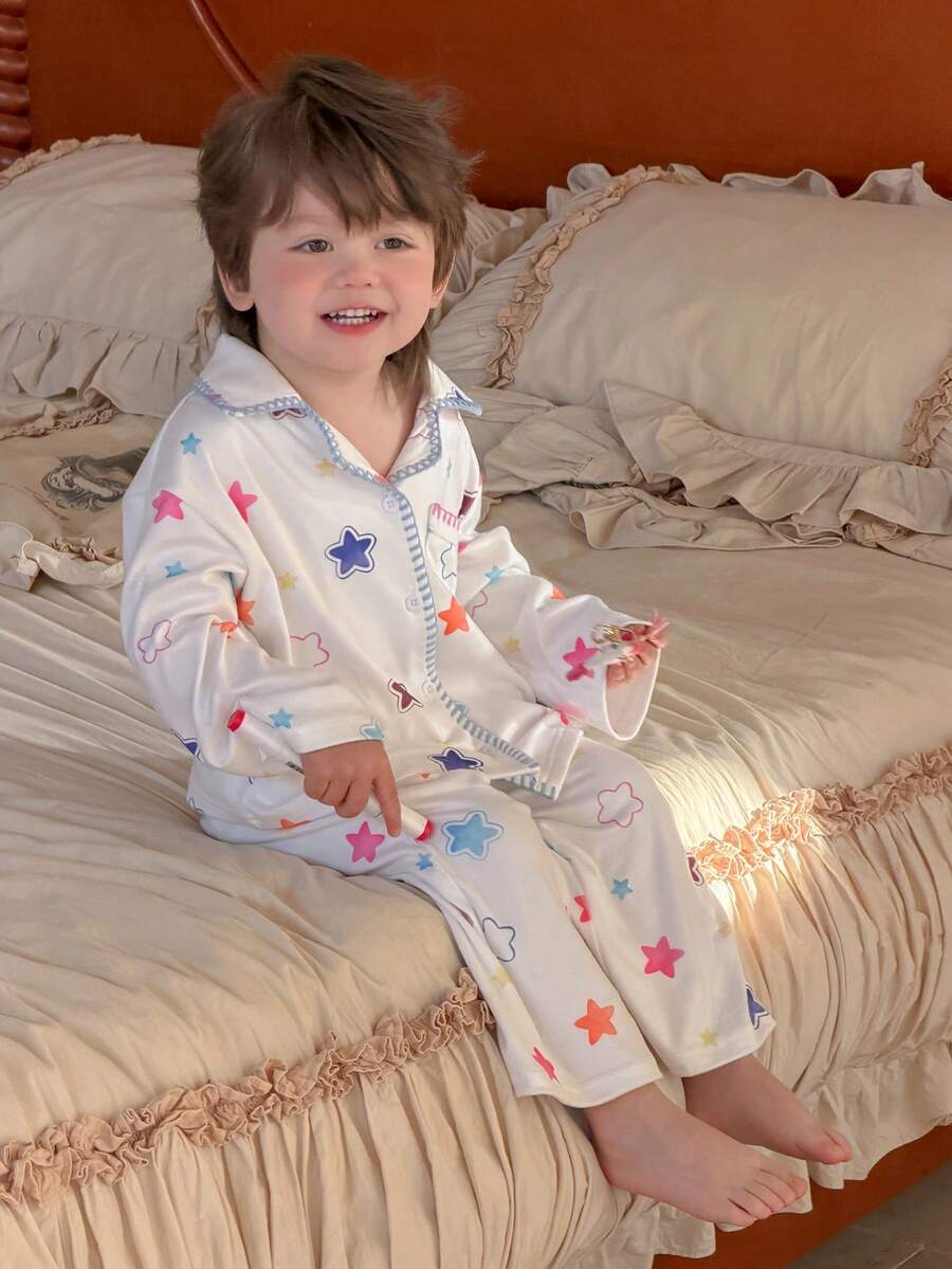 DAZY 2pcs Toddler Boys' Korean Style Star Print Lapel Long Sleeve Shirt And Pants Pajama Set - Red and White - View 1