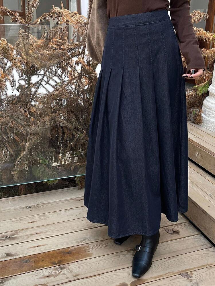 Tall Women's Pleated Long Casual Elegant Denim Skirt