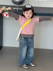 DAZY Baby Girls Round Neck Contrast Color 2 In 1 Long Sleeve Top Toddler Girls Clothes - Pink - View 6