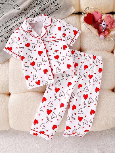 2pcs/Set Valentine's Day Girly Heart Pattern Soft Fabric Short Sleeve Top And Pants, Comfortable Casual Pajama Set
