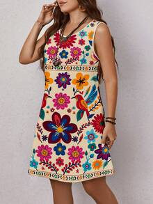 EMERY ROSE 大码女式碎花印花休闲简约无袖圆领连衣裙，适合夏季穿着 - 彩色 - 查看 3