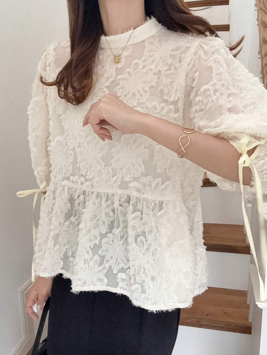 FRIFUL Blusa holgada con cuello redondo, parche de encaje, puños con volantes, lazo en la cintura y bajo con volantes - Albaricoque - Ver 1