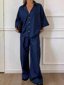 Livesso Women's Casual Denim Shirt Collar Short Sleeve Top And Pants Set - Dark Wash - View 3