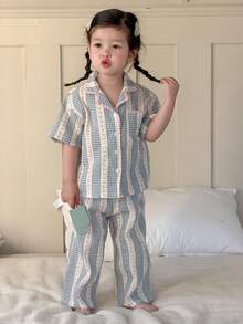 DAZY 2pcs/Set Toddler Girls' Fresh Korean Style Shirt And Pants Pajama Set - Baby Blue - View 6