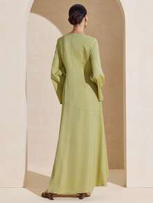 Graceveil Đầm satin nữ kiểu Ả Rập, tay áo rộng, xếp ly eo, vạt bất đối xứng. - màu xanh lá - Xem 3