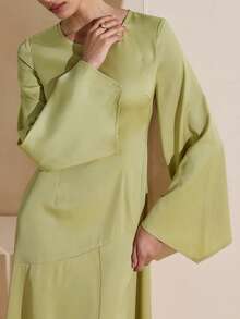 Graceveil Đầm satin nữ kiểu Ả Rập, tay áo rộng, xếp ly eo, vạt bất đối xứng. - màu xanh lá - Xem 7