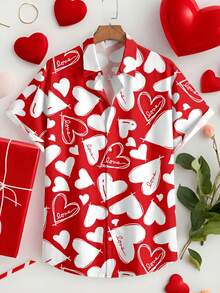 Manfinity Homme Men's Casual Valentine's Day Red & White Heart Print Slim Fit Short Sleeve Shirt, Slim Fit Shirt, Valentine's Day Gift For Boyfriend - Multicolor - View 1