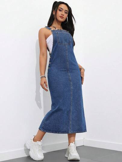 Rivivi Women's Pocket Button Slit Design Fashionable Versatile Casual Denim Jumper Dress