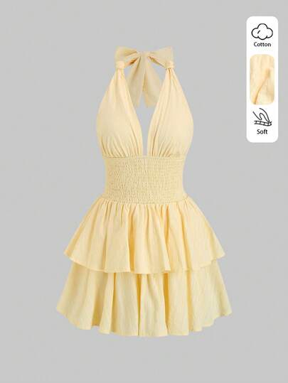 Sweetra Romantic Vintage Cute Sweet Elegant Casual Flowy Shirred Layered Ruffle Butterfly Tie Back Mini Dress, Suitable For Vacation, Dates, Parties, Spring/Summer/Autumn