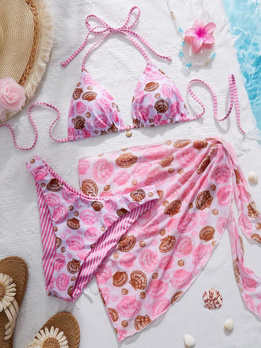 Swim Mod Conjunto de bikini de 3 piezas con estampado de rayas de concha aleatoria, triángulo halter, con cobertor de sarong de malla triangular, adecuado para vacaciones en la playa - Multicolor - Ver 1