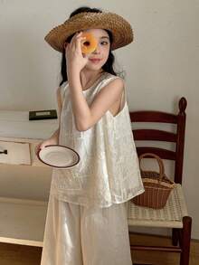 DAZY 少女休闲度假风刺绣纹理宽松无袖上衣和阔腿裤套装，春夏款 - 杏色 - 查看 1