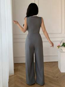 Celisse 女士休闲连体裤，适合办公室、通勤穿着，翻领，无袖，收腰，阔腿设计，适合春、夏、秋季穿着。 - 灰色 - 查看 2