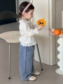 DAZY 女童春夏刺绣休闲宽松阔腿牛仔裤 - 淺色水洗藍 - 查看 4