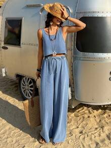 Dazy Tall 女士休闲牛仔套装：宽松圆领吊带背心和松紧腰直筒裤