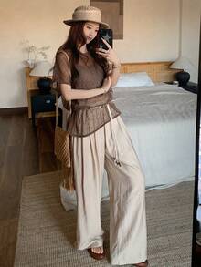 DAZY 女士亮片圆领半透明韩版上衣和休闲宽松裤两件套，少女风 - 卡其色 - 查看 6