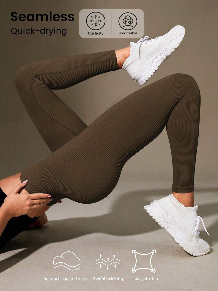 SHEIN Sports 女式高腰罗纹无缝修身打底裤 - 云朵柔软 第二层肌肤柔软度 速干透气 四向弹力打底裤 适合跑步 骑行 瑜伽 泡菜球 运动 休闲装，黑色
