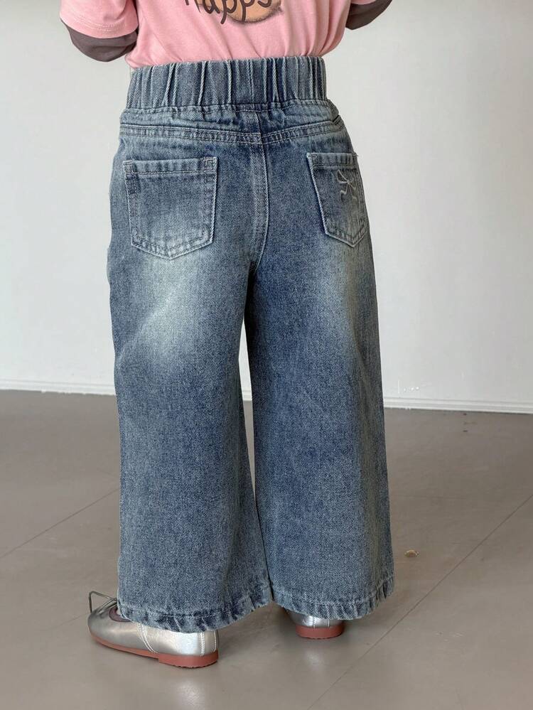 Baby Girl Washed Distressed Denim Jeans With Butterfly Embroidery, Korean Style