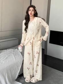 DAZY 可爱小熊蝴蝶结印花蕾丝边彼得潘领女士睡衣套装 - 杏色 - 查看 9