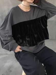 FRIFUL Colorblock Round Neck Drop Shoulder Long Sleeve Layered Velvet Fabric Loose Casual Versatile T-Shirt - Black - View 9