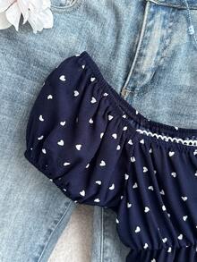 SHEIN 少女海军蓝爱心波点蕾丝边真开襟纽扣衬衫，可爱甜美，适合休闲、日常、上学、街头穿着 - 藍色 - 查看 4