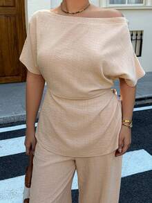 Dazy Plus 2pcs Casual Oblique Collar Top And Wide Leg Pants Set, Commuting Outfit, Spring/Summer - Khaki - View 4