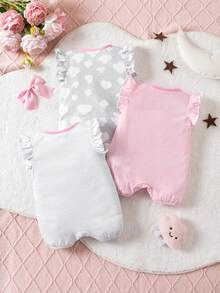 SHEIN Newborn Baby Girl Cute Summer Knitted Cartoon Pattern Plaid & Striped Short Sleeve Romper, Multi-Color - Multicolor - View 2