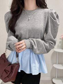 FRIFUL 女士圆领泡泡袖修身下摆拼接梭织毛衣，甜美 - 灰色 - 查看 4