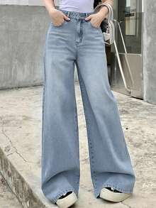 DAZY 女士休闲日常水洗斜插口袋阔腿牛仔裤 - 淺藍色 - 查看 2