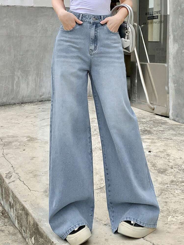 Women's Casual Everyday Washed Slant Pocket Wide Leg Jeans