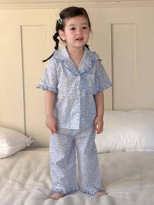 DAZY Bộ đồ ngủ 2 mảnh thoải mái kiểu Hàn Quốc cổ bẻ in hình hoạt hình cún con cho bé gái - Màu xanh nhạt - Xem 9