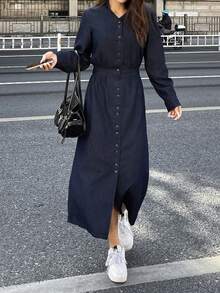 DAZY Women's Turndown Collar Long Sleeve Loose Waist Casual Denim Dress - Dark Wash - View 3