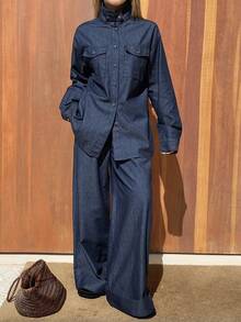DAZY Women's Loose Denim Shirt With Stand Collar And Wide Leg Jeans Casual Denim Set - Dark Wash - View 6