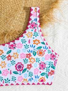 SHEIN Tween Girls White Ditsy Floral Bikini Sets,Asymmetrical Shoulder Design With Detachable Strap,2 Pieces Boho Swimwear For Summer Vacation Holiday Beach - Multicolor - View 4