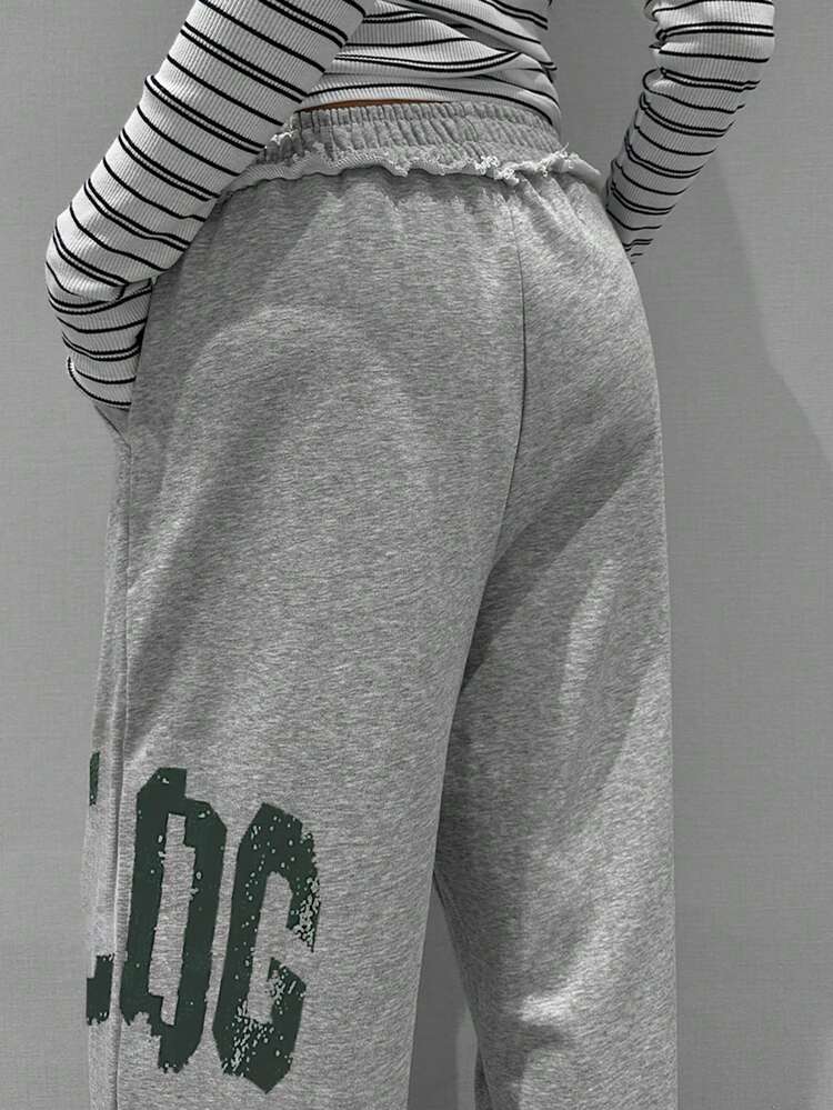 Vintage Letter Print Loose Straight Wide Leg Maxi Sweatpants For Women