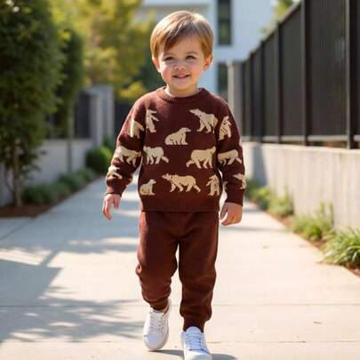 Conjunto suéter para niño casual moderno jacquard tejido suave estampado dinosaurio ajuste regular cuello redondo manga larga cualquier época del año uso diario conjunto