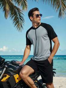 CoralVoy 男士圆领拉链半开襟短袖上衣，休闲百搭沙滩度假泳装防晒衬衫 - 淺灰色 - 查看 3