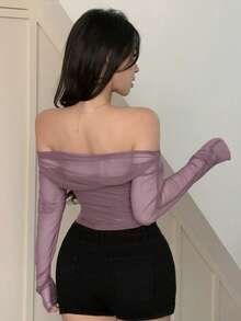 DAZY Women's Elastic Mesh Sheer Off-Shoulder Top, Spring/Summer - Mauve Purple - View 2