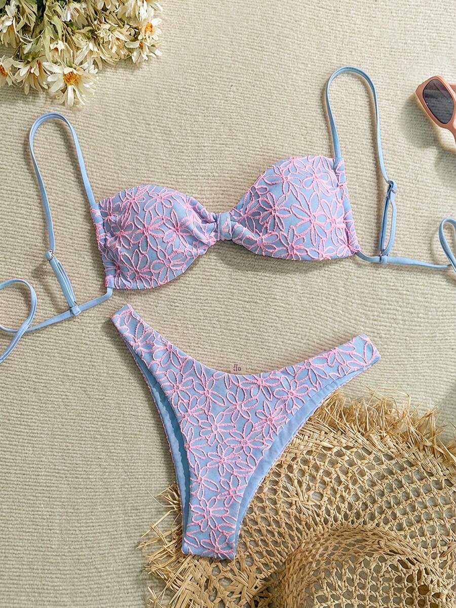 Sweetra Women's 2025 Summer Vacation Beach Floral Embroidery Spaghetti Strap Bikini Set Pattern Bikini Bikini Set Summer Boho Bikini Set Seashell Bikini Sea Shell Bikini Floral Bikini Embroidered Bikini - Multicolor - View 1